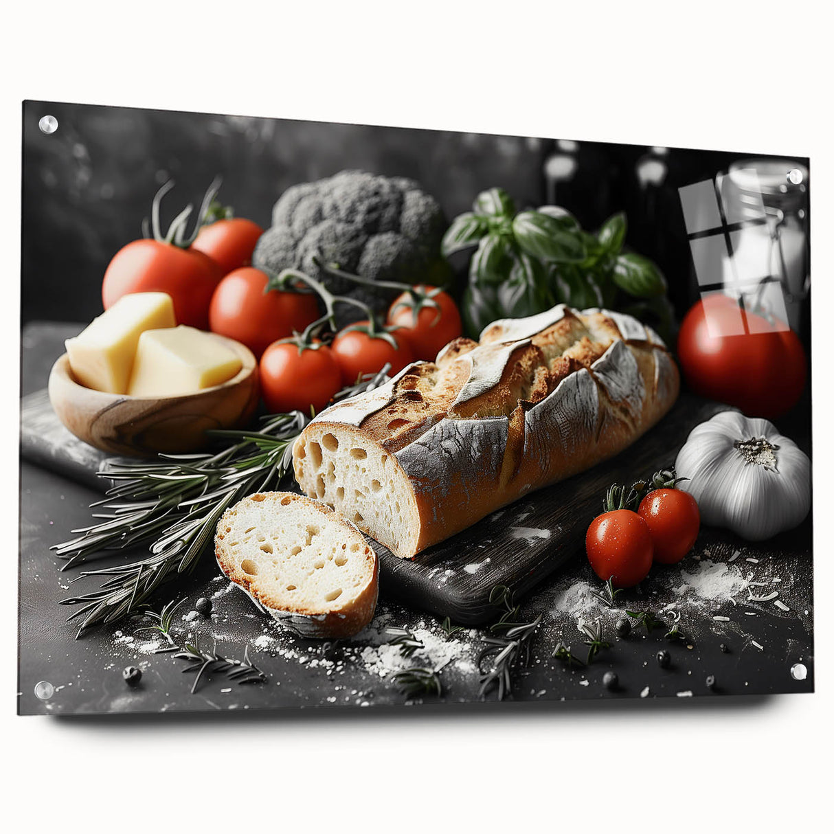 Acrylic print of various colorful food dishes in a realistic style, ideal for dining room decor.