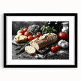 Extra large framed abstract art print featuring colorful, textured representations of various food dishes.