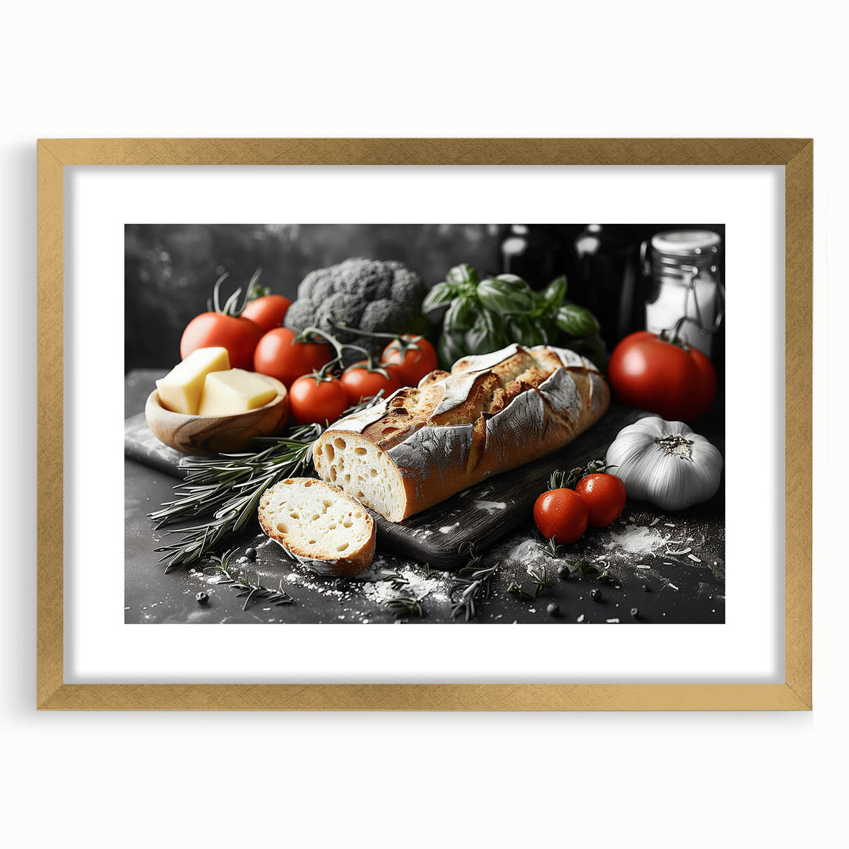 Extra large abstract art print featuring textured designs in gold and white, framed with a mat.