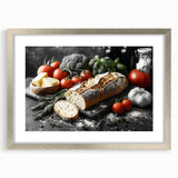Textured art of abstract food dishes in muted earth tones, framed with a silver mat, ideal for bedroom wall decor.