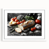 Abstract art print featuring assorted food dishes in vibrant colors on a white framed mat, suitable for dining room decor.