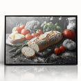 Large abstract wall art featuring assorted food dishes in black and white, framed in acrylic, suitable for dining room decor.