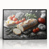 Large abstract wall art featuring assorted food dishes in black and white, framed in acrylic, suitable for dining room decor.
