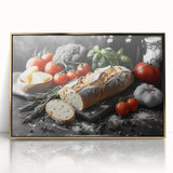 Mid-century modernist art featuring various food dishes in muted earth tones, framed acrylic print.