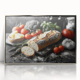 Mid-century modernist art depicting various stylized food dishes in muted colors, framed acrylic print.