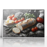 Acrylic print of various colorful food dishes in art deco style, framed in white, suitable for modern kitchen decor.