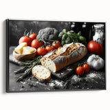 Black and white framed canvas featuring a vintage poster of assorted food dishes, ideal for bedroom wall decor.