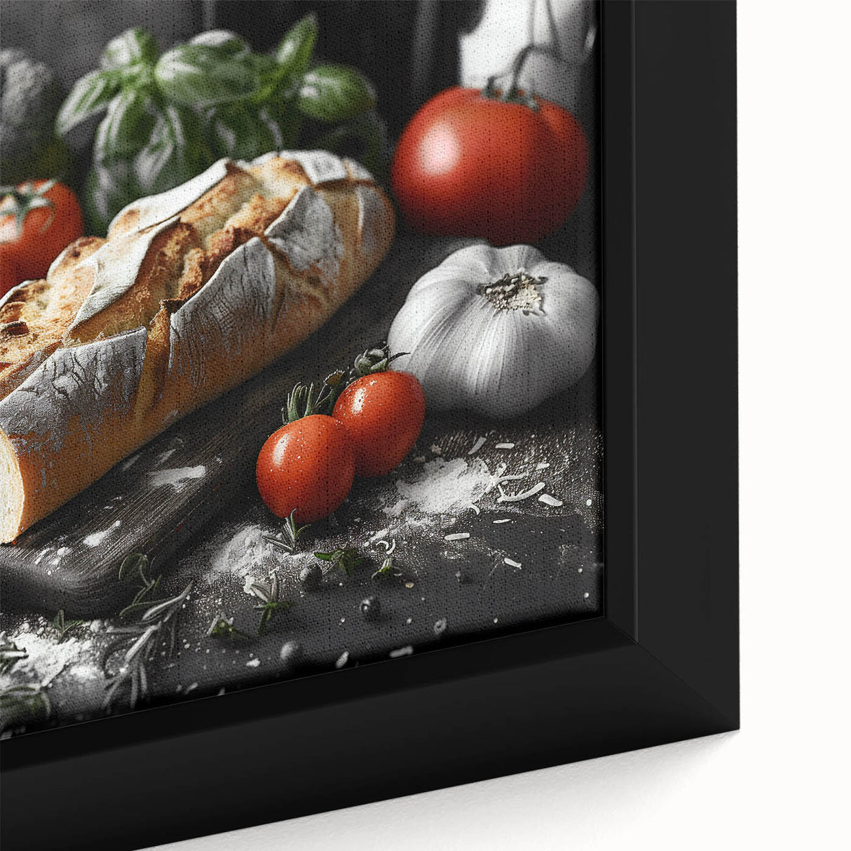 Close-up of a framed canvas featuring textured, colorful art of various food dishes on a black background.