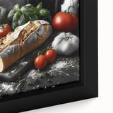 Close-up of a framed canvas featuring textured, colorful art of various food dishes on a black background.