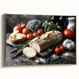 Framed canvas wall art featuring a vintage poster of assorted food dishes in a black and gold color scheme.