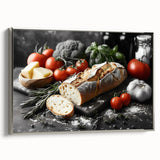 Landscape art painting featuring a variety of colorful food dishes on a black vintage poster, framed canvas.