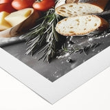 Art deco poster featuring an array of stylized food dishes in bold colors on rolled canvas, suitable for dining room decor.