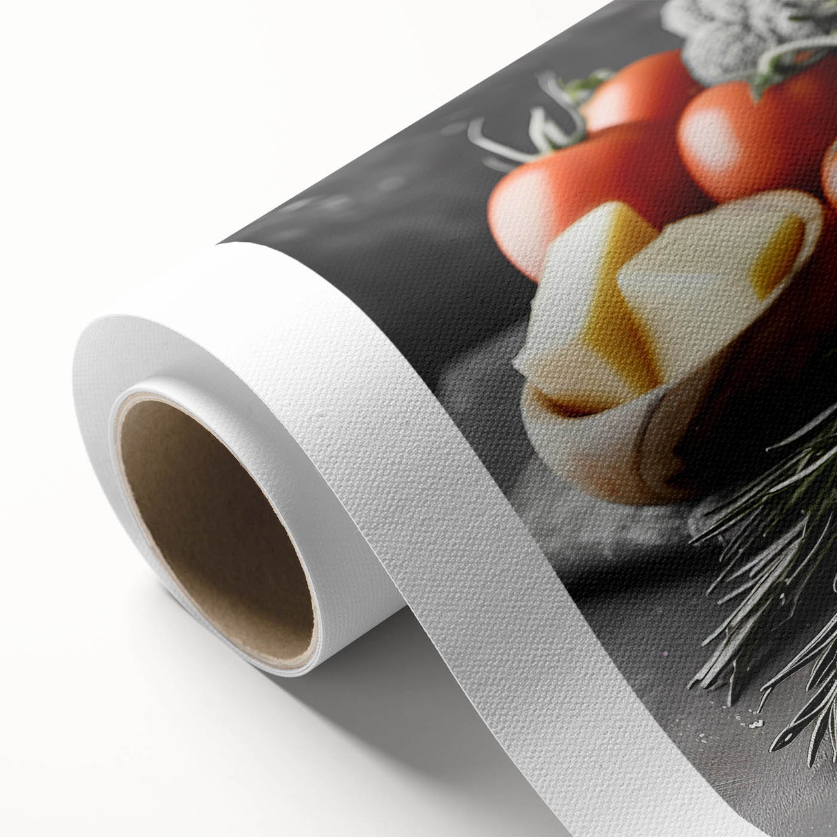 Art Deco poster featuring an array of colorful food dishes on rolled canvas, suitable for dining room decor.