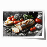 Rolled print of various colorful food dishes in a realistic style, ideal for art wall dining room decor.