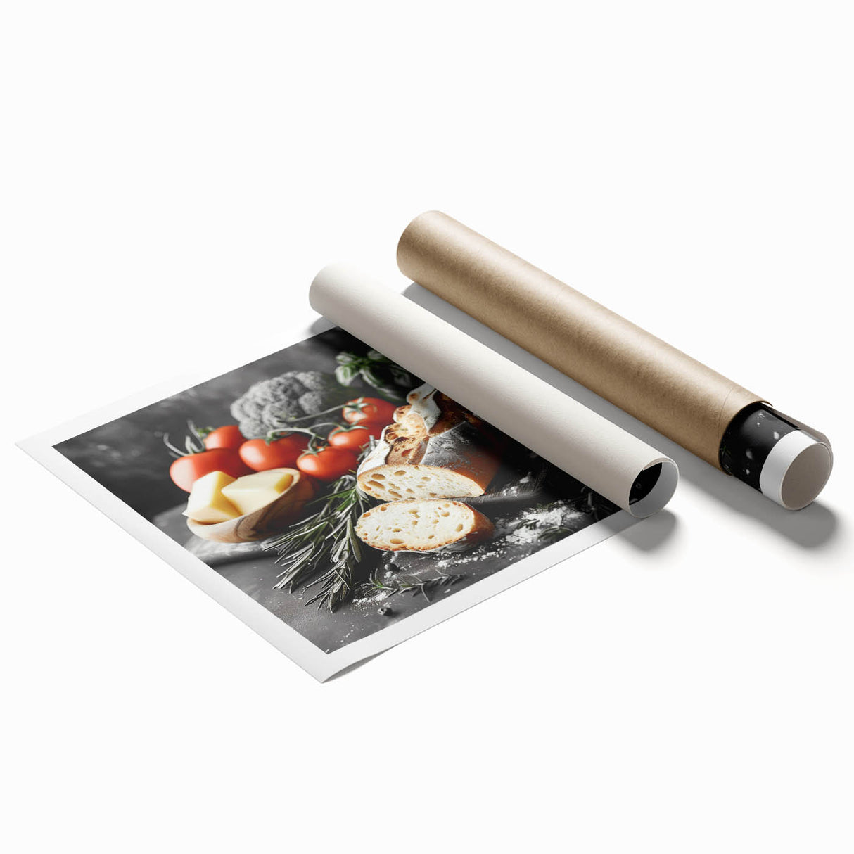 Extra large rolled print featuring an array of floral art in soft pastel shades.