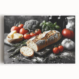 Black and white stretched canvas featuring an array of various food dishes, ideal for kitchen wall art.