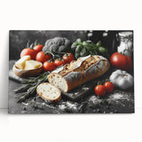 Black and white photo of assorted dishes on a stretched canvas, ideal for kitchen wall art.