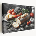 Large canvas print featuring an array of colorful food dishes, ideal for kitchen wall art.