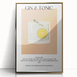 Large art print of a mid-century modernist food and drinks theme in gold tones, framed in acrylic.