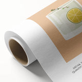 Art deco poster featuring assorted fruits and beverages in bold colors on rolled canvas, ideal for dining room decor.