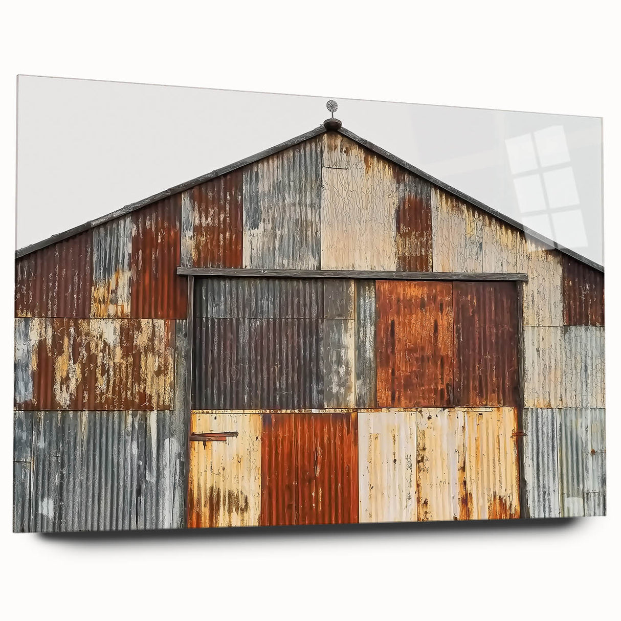 Acrylic glass side view of a landscape barn design, showcasing vibrant colors and intricate details, ideal for home decor enthusiasts and art lovers.
