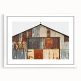 Barn frame landscape artwork featuring a white mat, showcasing a scenic vista in a rustic setting, ideal for enhancing home decor with a touch of nature.