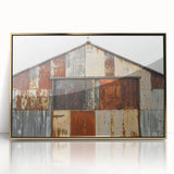 Framed acrylic art piece showcasing a vibrant landscape design with gold accents, set against a rustic barn backdrop, ideal for enhancing home decor.