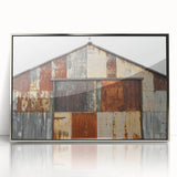 A landscape barn-themed artwork displayed in a silver-framed acrylic design, showcasing intricate details and vibrant colors, ideal for rustic decor enthusiasts.