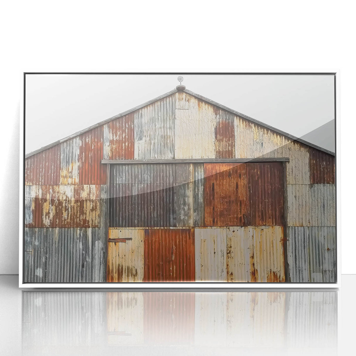 Framed acrylic landscape artwork depicting a serene barn scene with a white frame, showcasing vibrant colors and intricate details, perfect for home decor.