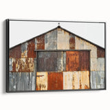 Landscape barn-framed canvas artwork showcasing a serene nature scene with vibrant colors, viewed from the side, perfect for home decor or office ambiance.
