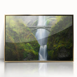 Framed acrylic artwork showcasing a stunning landscape bridge in gold hues, set against a serene backdrop, perfect for modern home decor. Ideal for adding elegance to any space.