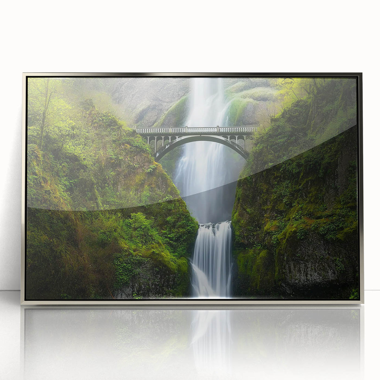 Framed acrylic artwork showcasing a landscape bridge scene, featuring silver accents and intricate details, perfect for modern home decor and enhancing interior aesthetics.