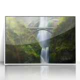 Framed acrylic landscape artwork depicting a serene bridge scene, featuring vibrant colors and intricate details, set against a white frame, perfect for home decor.