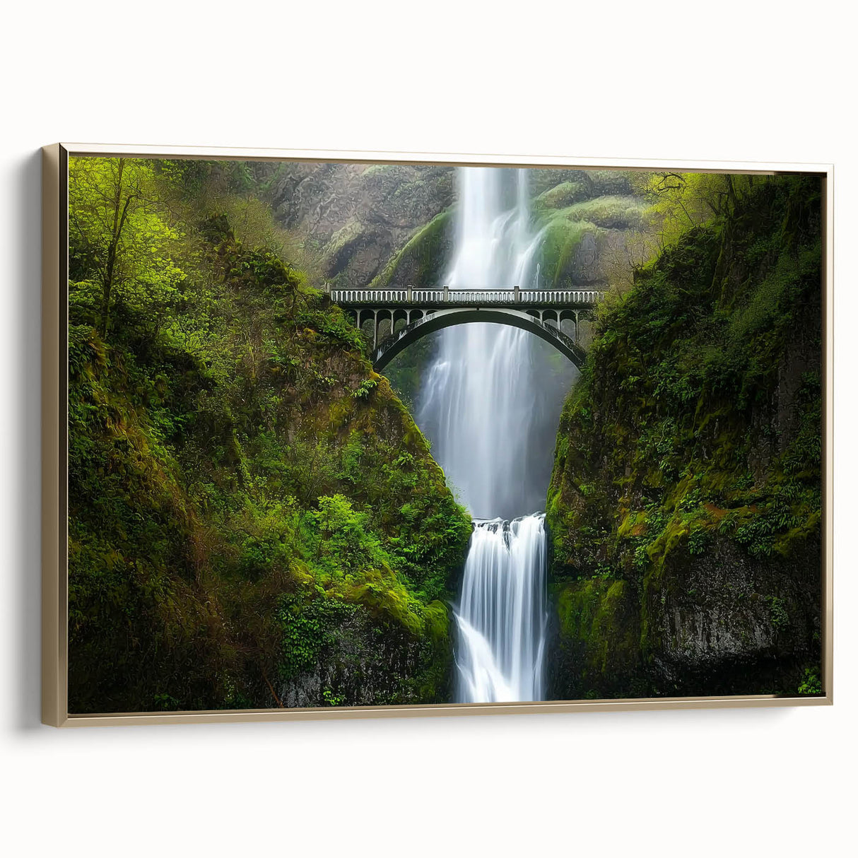Framed canvas artwork depicting a serene landscape bridge scene with golden hues, enhancing decor in a stylish setting, perfect for nature lovers.