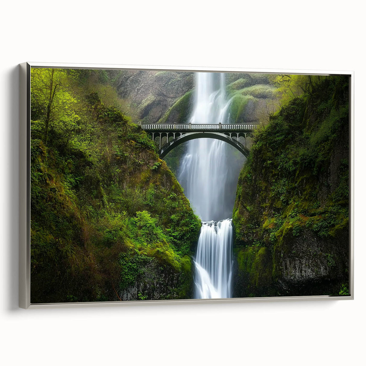 Framed canvas artwork of a landscape bridge with a silver frame, showcasing vibrant colors and intricate details, ideal for home decor enthusiasts.