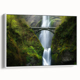 Framed canvas artwork depicting a serene landscape bridge in a natural setting, featuring vibrant colors and intricate details, ideal for home decor enhancement.