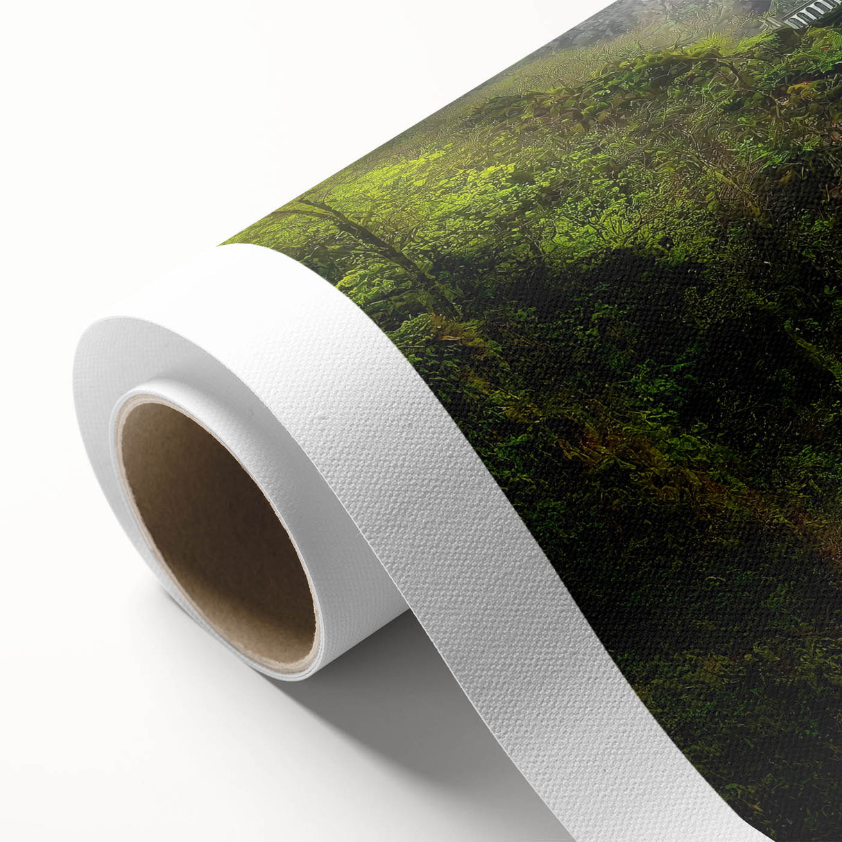 Rolled canvas showcasing a vibrant landscape bridge design with rich colors, elegantly packaged in a durable tube for safe transport and display.