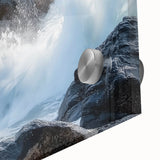 Close-up view of a vibrant acrylic glass artwork depicting stunning canyons in a landscape design, showcasing rich colors and intricate details, perfect for home decor.