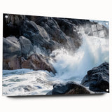 Side view of a landscape acrylic glass art piece depicting colorful canyons, showcasing intricate details and vibrant colors, elegantly secured with pins for display.