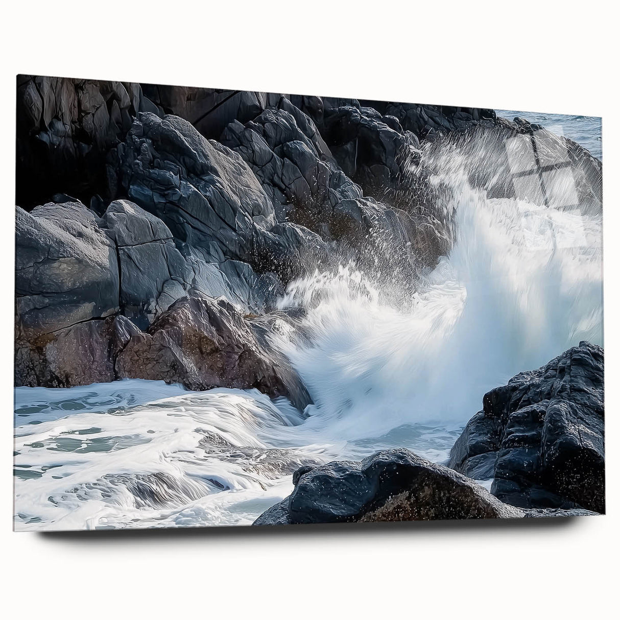 Acrylic glass artwork showcasing a stunning landscape of colorful canyons, viewed from the side without pins, perfect for modern home decor.