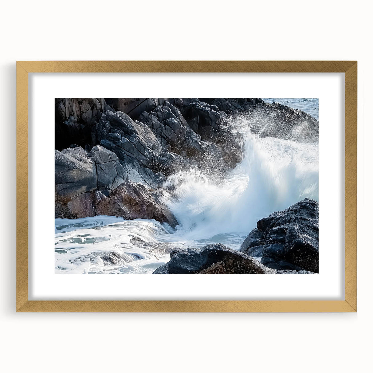 Landscape art print showcasing a stunning canyon scene framed in elegant gold with a mat, highlighting its intricate details and vibrant colors, perfect for home decor.