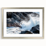 Framed landscape artwork depicting vibrant canyons in rich hues, elegantly mounted with a silver mat, ideal for home decor and nature-themed interiors.