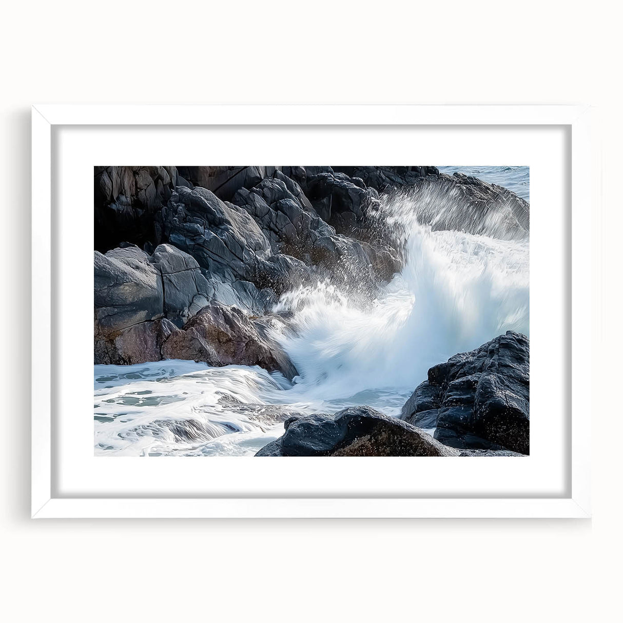 Landscape artwork featuring a canyon scene framed with a white mat, showcasing vibrant colors and intricate details, perfect for enhancing home decor and interiors.