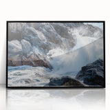 Framed acrylic artwork depicting a stunning landscape of canyons, featuring rich earth tones and intricate details, ideal for modern home decor.