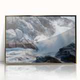 Framed acrylic artwork depicting a stunning landscape of canyons with vibrant gold accents, ideal for modern home decor, enhancing any interior space.