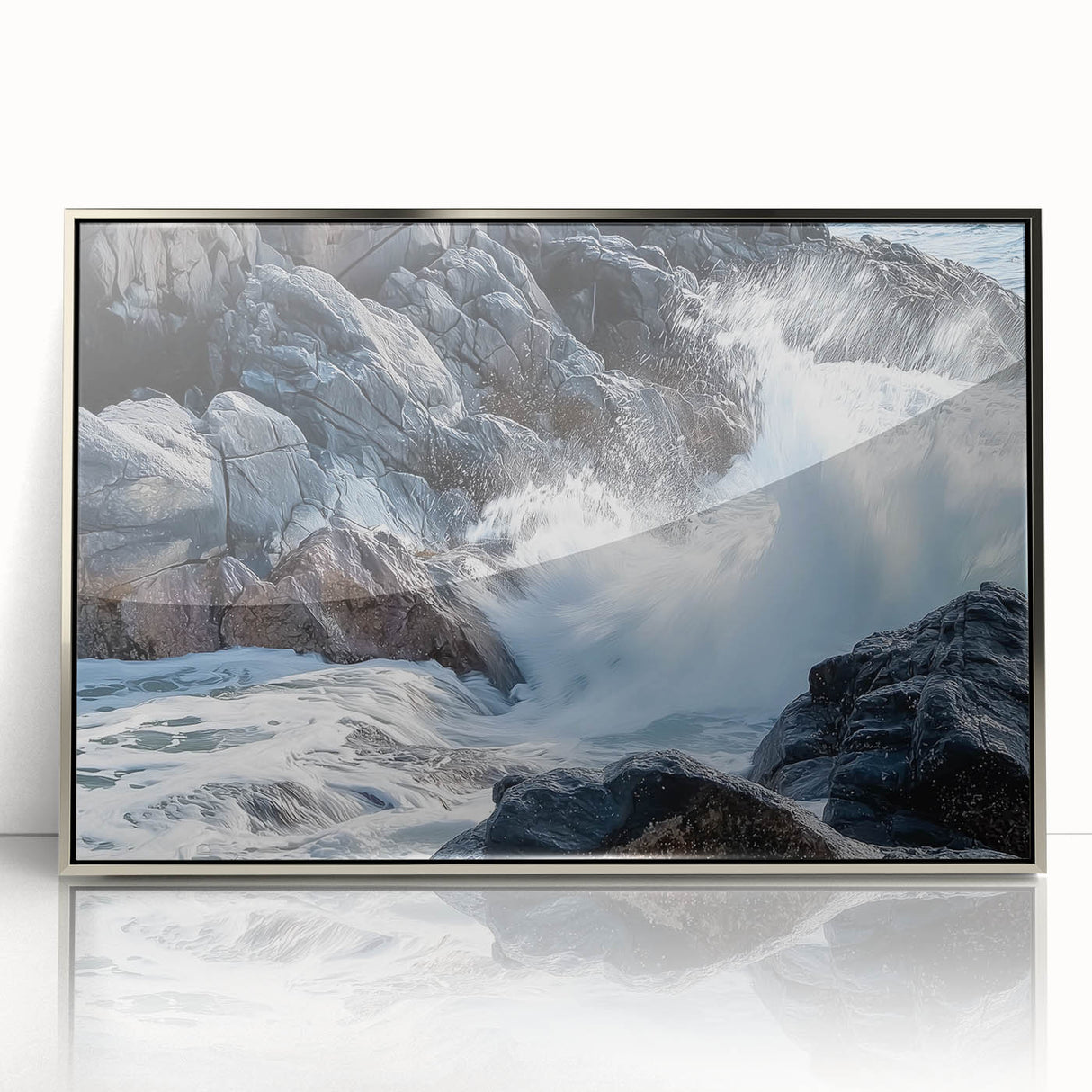 Framed acrylic artwork showcasing a stunning landscape of canyons in vibrant colors, featuring a sleek silver frame ideal for modern decor. Perfect for nature enthusiasts.