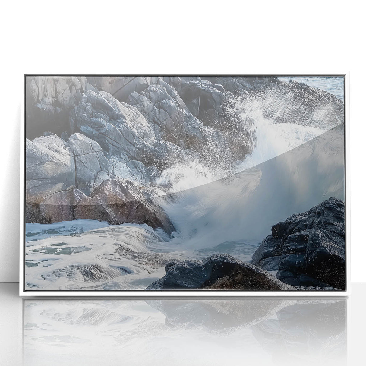 Framed acrylic artwork depicting a stunning landscape of canyons, showcasing vibrant colors and intricate details, perfect for enhancing modern home decor.