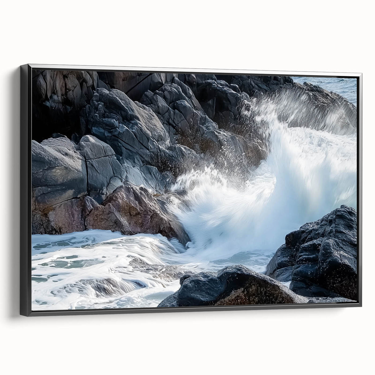 Framed landscape canvas artwork showcasing vibrant canyons in rich earthy tones, featuring a sleek black frame, perfect for enhancing modern home decor and art collections.