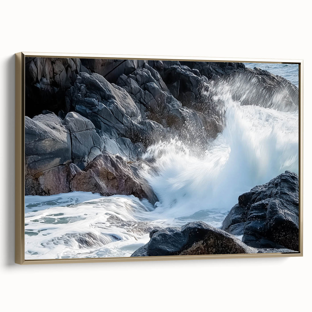 Framed canvas artwork showcasing a stunning landscape of canyons with rich gold accents, perfect for enhancing modern home decor. The piece captures the natural beauty and depth of the canyon scenery, making it an ideal choice for art enthusiasts.