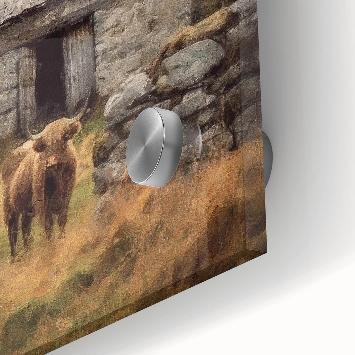Close-up of a vibrant acrylic landscape wall art piece depicting serene countryside scenery with lush green fields and a clear blue sky, ideal for home decor.